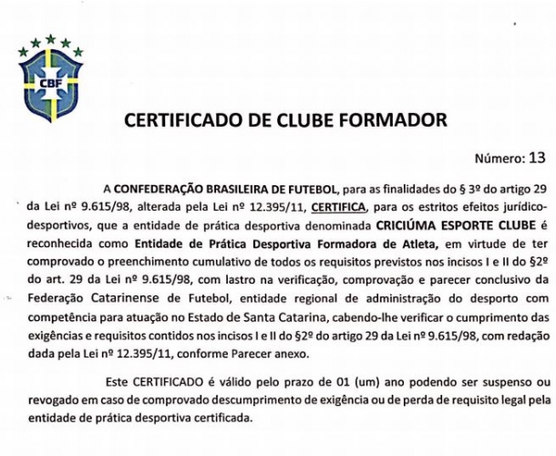 Criciúma garante a renovação do Certificado de Clube Formador