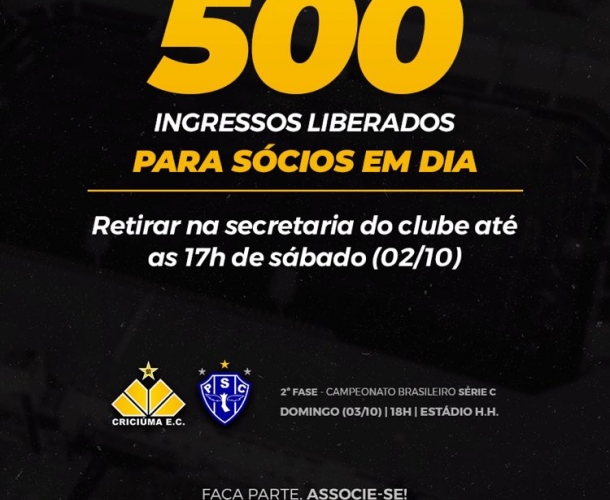 Sócios em dia terão 500 ingressos gratuitamente