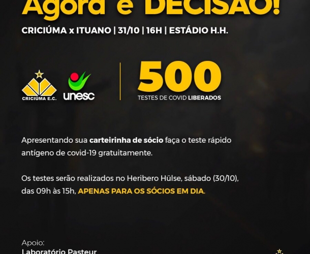 Tigre, Pasteur e Unesc oferecem 500 testes gratuitos aos sócios